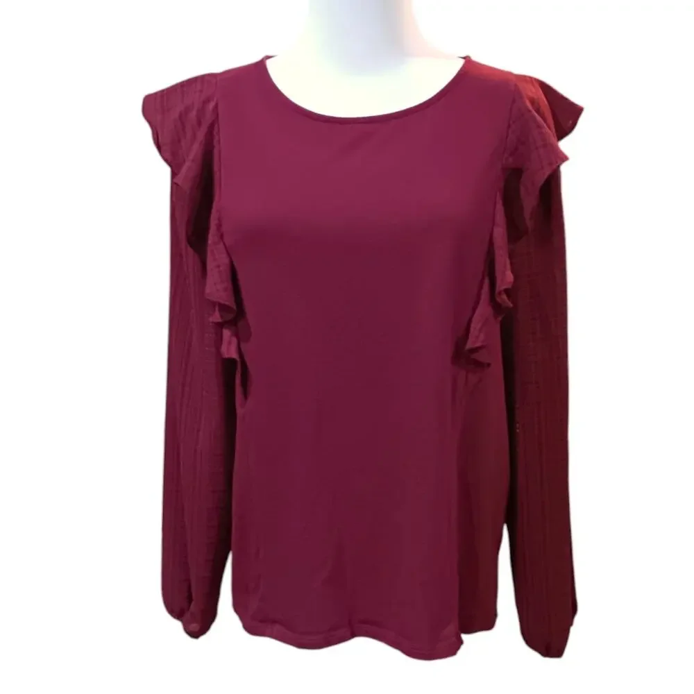 J. CREW Ruffled Blouse Size Large Burgundy Maroon Plaid Contrast Round Neck Soft